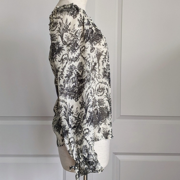 PAIGE Blouse 100% Silk Semi-Sheer Long Sleeves Toile Print Black Parchment S NWT - Picture 7 of 16